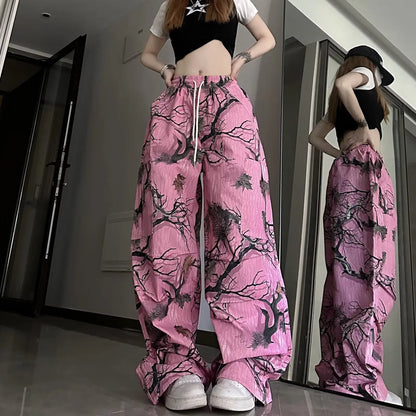 Y2k rose Graffiti impression complète pantalon causal rue Hip-hop amusant pantalon à jambes larges pour les femmes été taille haute ample et minceur Tre