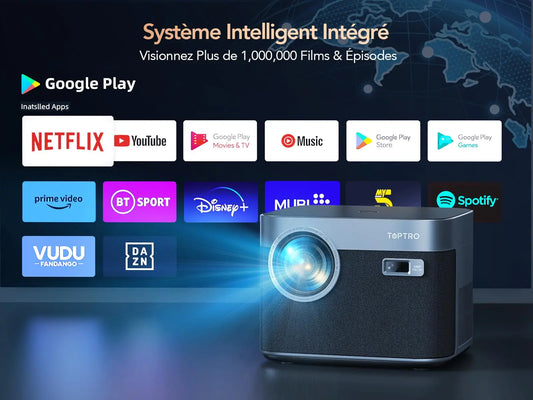 Projecteur TOPTRO 4K Android 9.0 26000 Lumens natif 1080P WiFi6 projecteur Bluetooth mise au point automatique/Keystone cinéma maison extérieur