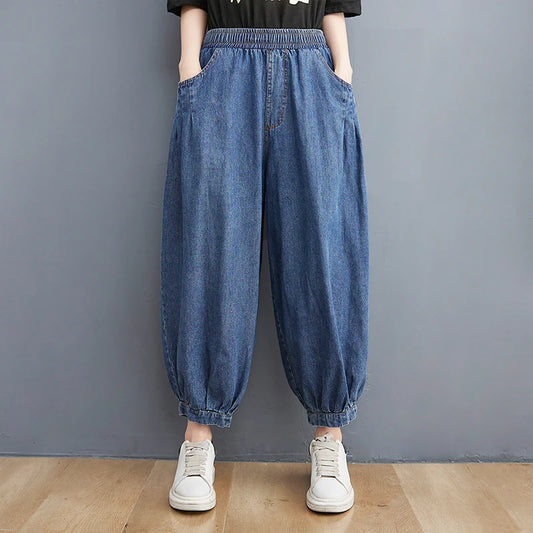 Jean Vintage en Denim pour Femme, Couleur Unie, Mode d'Été, Taille artificiel astique, Baggy, Style Japonais, Longueur de Rinçage, Harem fjgy