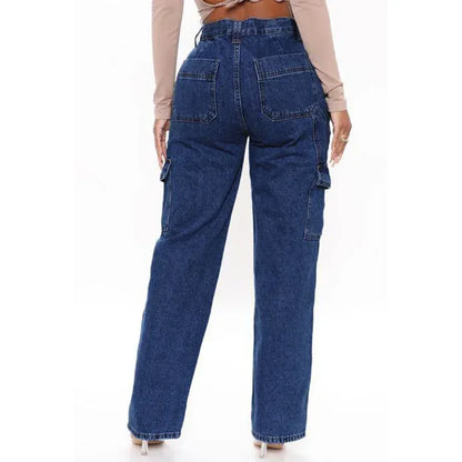 Jean Cargo Américain Taille Haute pour Femme, Pantalon Droit Croisé, Mode Fille, Bleu Clair, Bleu Foncé, Noir, Gris, Denim Fjj