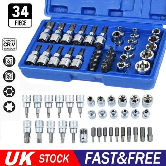 Kit automobile de douilles de réparation chromées, 34 pièces, entraînement mâle femelle Torx couple Tork Star Bit