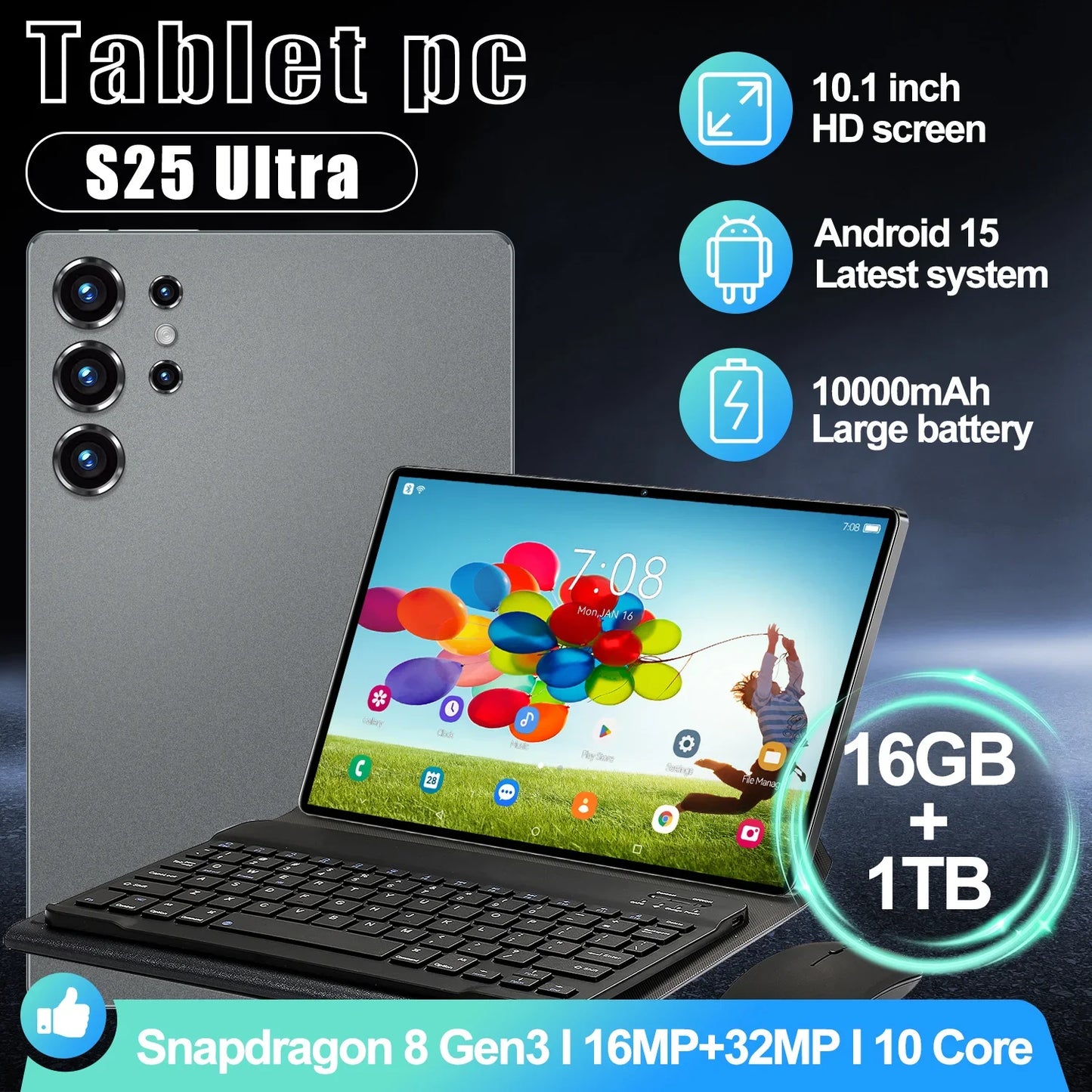 tablette originale Pad S25 Ultra 10.1 pouces + Hd Android 15 Wifi Gps