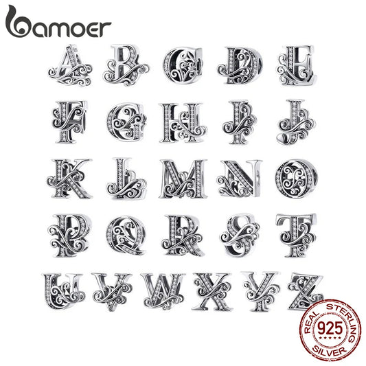 BAMOER classique 925 en argent Sterling lettre Vintage A à Z 26 lettre breloques ajouré CZ Alphabet perles ajustement bracelet à breloques BSC030