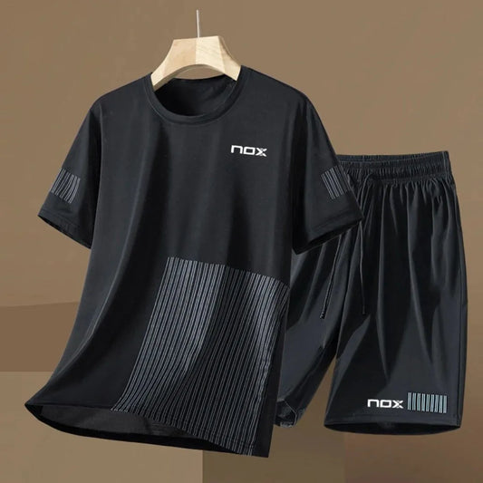 2025 nouveaux hommes été tennis formation lettre imprimer micro élastique respirant col rond T-shirt ensemble short et haut vêtements de sport en plein air
