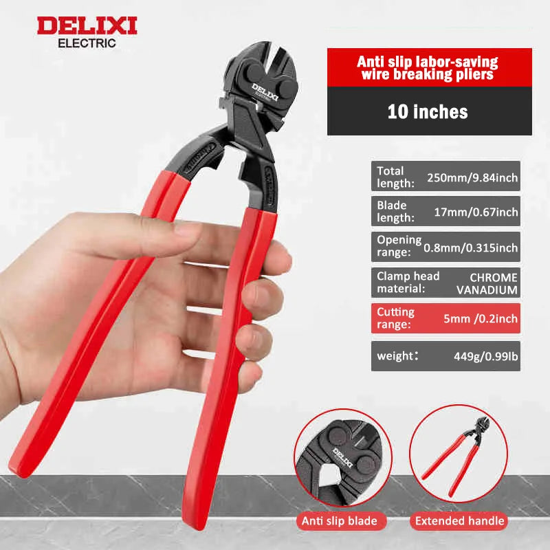 DELIXI – coupe-boulon électrique de marque 8/10 pouces, lame forgée CR-V, outil manuel de coupe avec poignée en caoutchouc, pour chaîne de coupe, fil, Rivets