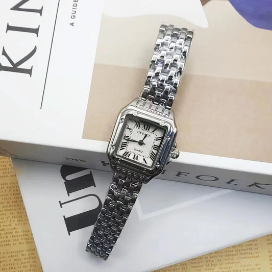 Montre-bracelet à quartz carrée pour femme, bracelet en acier simple, argent