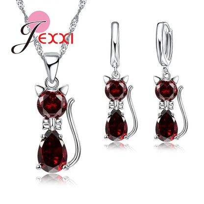 Ensembles de bijoux en argent pour femmes, livraison rapide, fiançailles romantiques, chat mignon, collier, boucles d'oreilles avec cristal autrichien