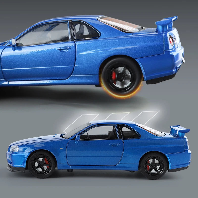 1:24 GTR R34 Skylin Diecast Modèle En Métal De Voiture Son Et Lumière Tirer Supercar Sport Racing Collection Loisirs Vacances Cadeau Garçon
