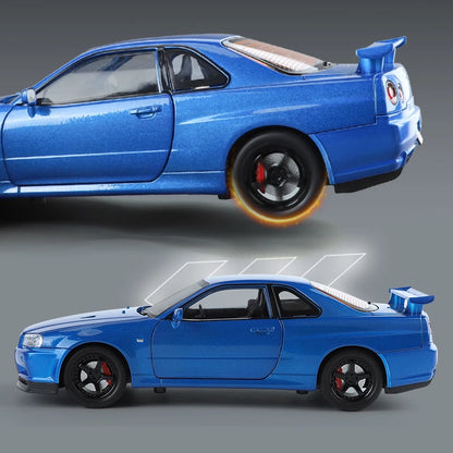 1:24 GTR R34 Skylin Diecast Modèle En Métal De Voiture Son Et Lumière Tirer Supercar Sport Racing Collection Loisirs Vacances Cadeau Garçon