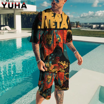 YUHA – ensemble t-shirt manches courtes pour hommes, vêtements d'été pour hommes, impression de squelette Terrible en 3D, Short décontracté, survêtement masculin 2 pièces, nouvelle collection
