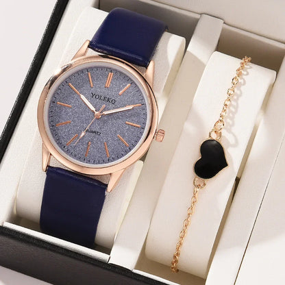 2 pièces ensemble femmes montres mode décontracté dames montres à Quartz bracelet en cuir montre femmes  (sans boîte)