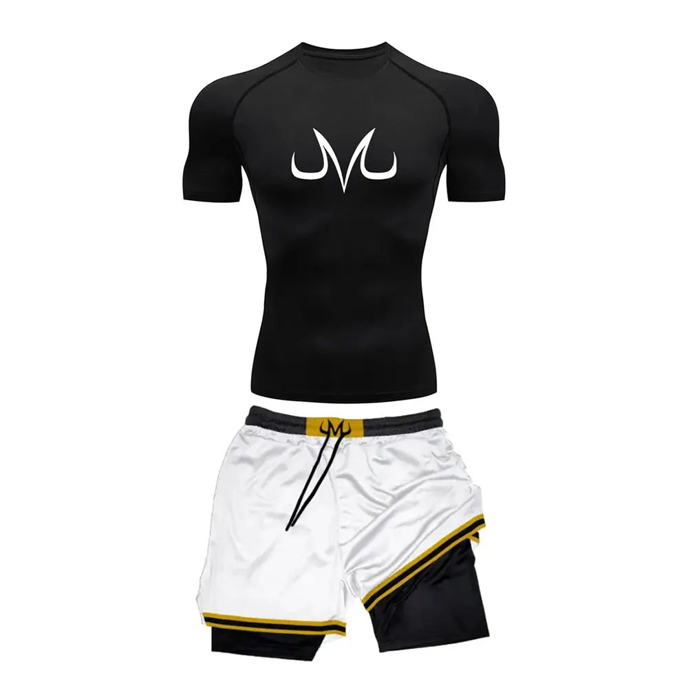 Chemise de Compression + short de gymnastique 2 pièces entraînement été Anime imprimé ensemble de Compression de gymnastique course Sport Fitness costume pour hommes vêtements de Sport