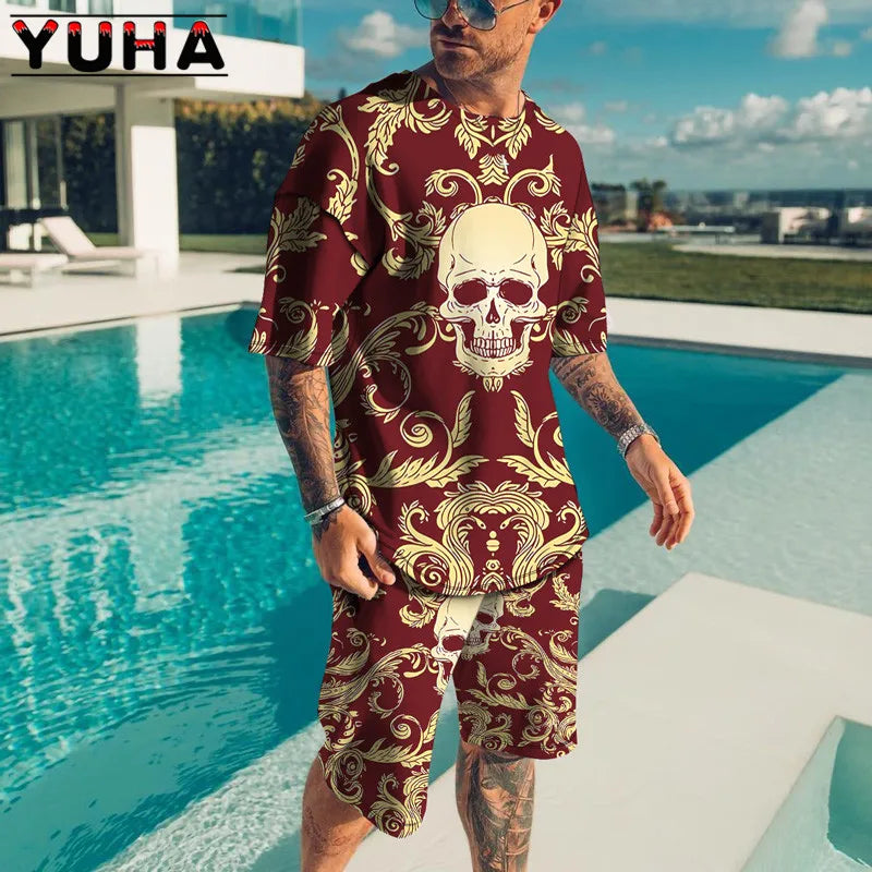 YUHA – ensemble t-shirt manches courtes pour hommes, vêtements d'été pour hommes, impression de squelette Terrible en 3D, Short décontracté, survêtement masculin 2 pièces, nouvelle collection