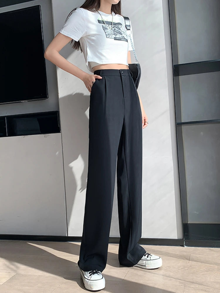 Pantalon décontracté taille haute pour femmes, jambes larges, ample, longueur au sol, costumes blancs, pantalons longs pour dames, nouvelle collection printemps automne
