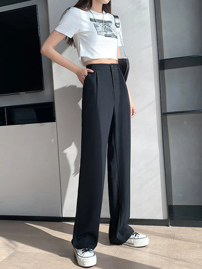 Pantalon décontracté taille haute pour femmes, jambes larges, ample, longueur au sol, costumes blancs, pantalons longs pour dames, nouvelle collection printemps automne