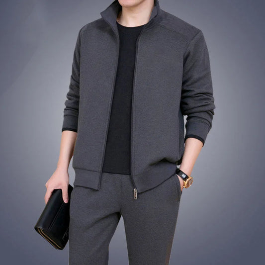 Ensemble deux pièces pour hommes d'âge moyen et âgés, tenue décontractée et vêtements de sport, ensemble à manches longues, cardigan de couleur unie édition publique