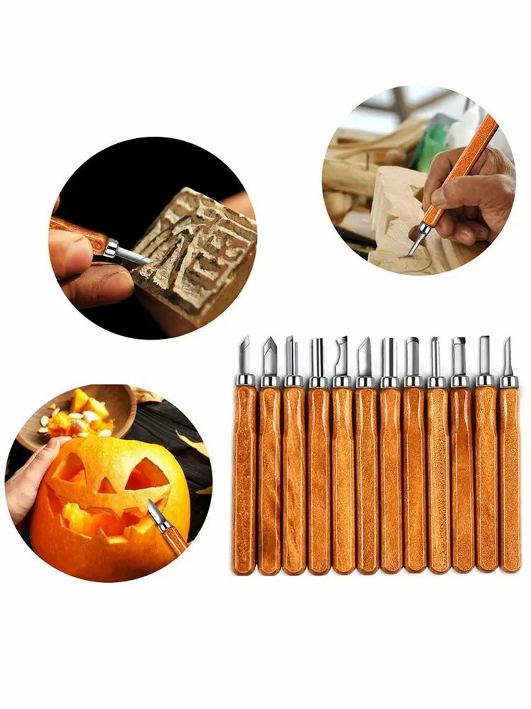 Ensemble d'outils de sculpture sur bois, couteau d'art multifonctionnel fait à la main avec manche en bois pour l'artisanat, 10/12 pièces