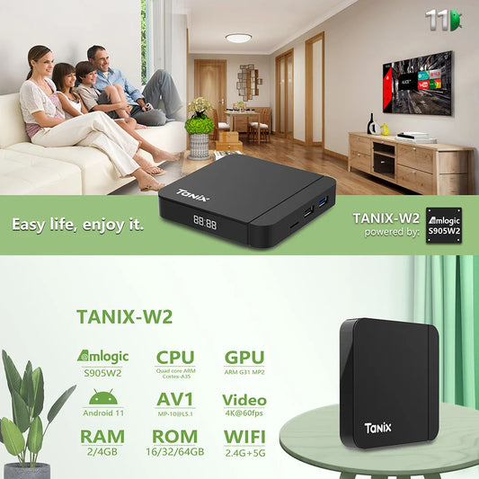 Tanix-Smart TV Box W2 Amlogic S905W2, Android 11.0, MultiXXL Player, Wifi, HDR, 10 + 4 GB, 32 GB, 2G, 16G