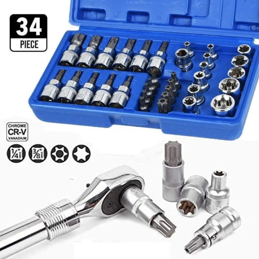 Kit automobile de douilles de réparation chromées, 34 pièces, entraînement mâle femelle Torx couple Tork Star Bit