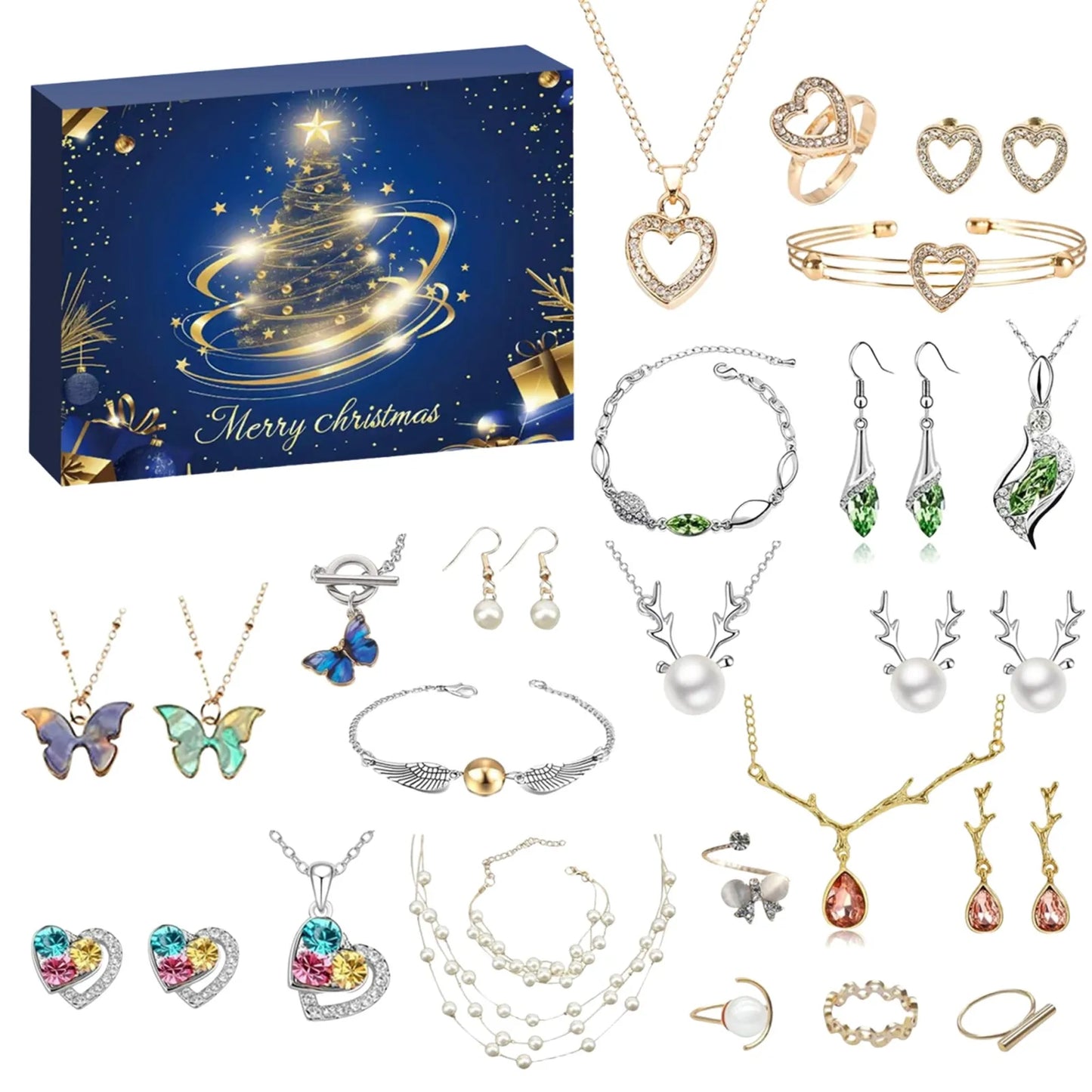 Calendrier de compte à rebours de noël 24 jours, calendrier de l'avent, collier, Bracelet, boucles d'oreilles, cadeaux de noël