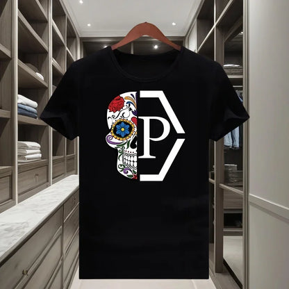 Classique à la mode marque demi crâne fleur imprimé hommes et femmes 2025 nouveau T-shirt à manches courtes col rond