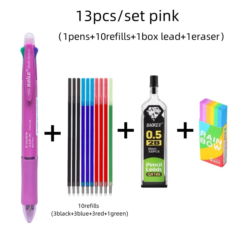 Stylo à bille multicolore effaçable 5 en 1, recharge 4 couleurs de 0.7mm et crayon automatique de 0.5mm,
