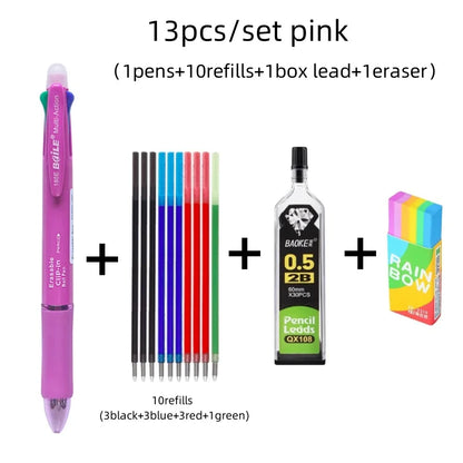 Stylo à bille multicolore effaçable 5 en 1, recharge 4 couleurs de 0.7mm et crayon automatique de 0.5mm,