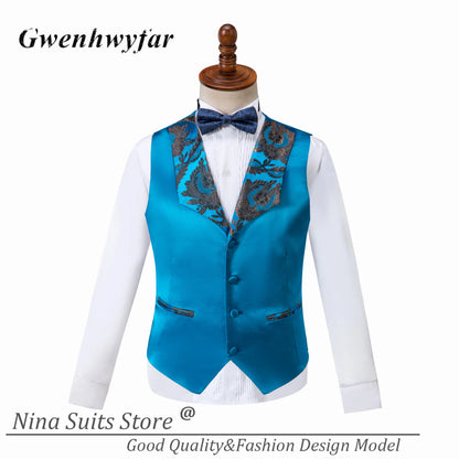 G & N-Smokings de soirée pour homme, ensemble 3 pièces, blazer sur mesure, revers Patricia, un bouton, bleu lac, brume dorée, zones florales, luxe, 2025