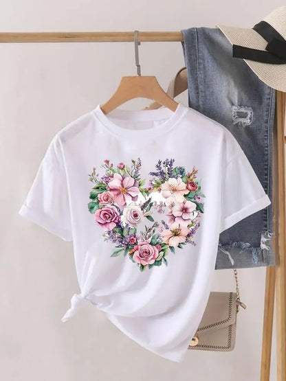 Tendance fleur Style mignon à manches courtes femmes imprimer femme chemise mode vêtements graphiques T-shirts vêtements dame t-shirt décontracté