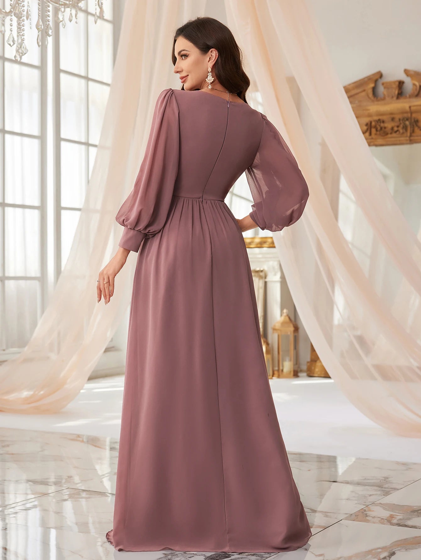 UNITHORSE – robe brodée de perles, manches longues, plissée sur le devant, petit col en v, fente latérale, manches lanternes, robe formelle pour femmes