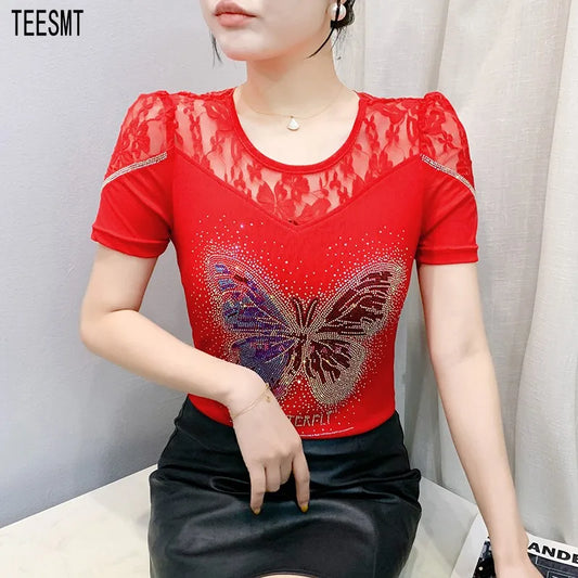 Été nouvelle mode maille T-shirt Chic luxe papillon chaud diamant T-shirt élégant dentelle Patchwork à manches courtes mince haut pour femme