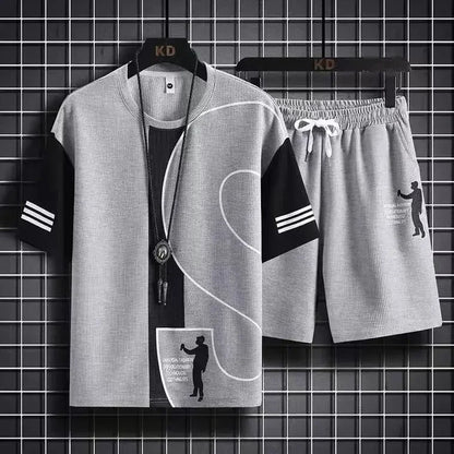 Ensemble de T-shirt et Short de dehors pour Homme, Vêtement de Travail Imprimé, Gaufré, Tenue 2 Pièces, Coupe Régulière Basique