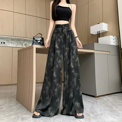 Pantalon drapé en Satin papillon noir pour femme, ample et à la mode, jambes larges, taille haute, Slim, décontracté, printemps et été