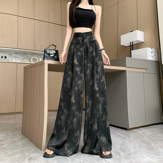 Pantalon drapé en Satin papillon noir pour femme, ample et à la mode, jambes larges, taille haute, Slim, décontracté, printemps et été