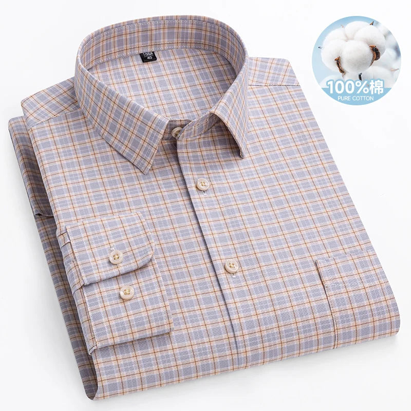 Chemise Oxford rayée à carreaux pour hommes, chemise sociale à manches longues, chemises de travail décontractées, poche, pur coton, qualité, S- 7XL, 8XL, 100%