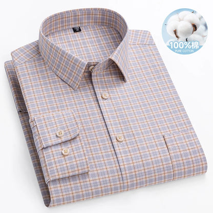 Chemise Oxford rayée à carreaux pour hommes, chemise sociale à manches longues, chemises de travail décontractées, poche, pur coton, qualité, S- 7XL, 8XL, 100%