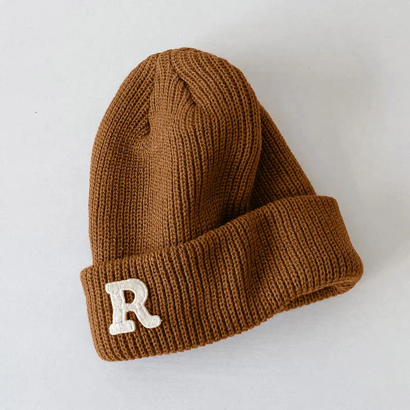 Chaud bébé hiver chapeaux pour enfants bonnet tricoté couleur bonbon R lettre en plein air décontracté enfants filles bonnet chapeau