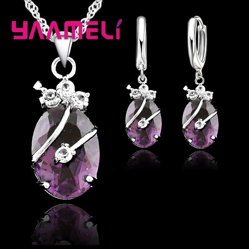 Ensembles de bijoux vintage pour femmes, argent regardé 925, pendentif en pierre de cristal, breloques, collier de mariage, boucles d'oreilles créoles, nouvelle mode