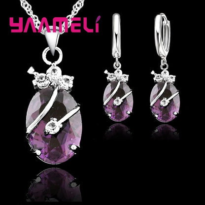 Ensembles de bijoux vintage pour femmes, argent regardé 925, pendentif en pierre de cristal, breloques, collier de mariage, boucles d'oreilles créoles, nouvelle mode