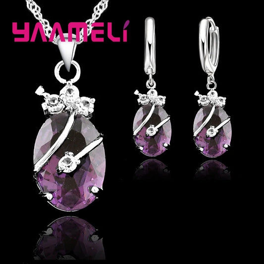Ensembles de bijoux vintage pour femmes, argent regardé 925, pendentif en pierre de cristal, breloques, collier de mariage, boucles d'oreilles créoles, nouvelle mode