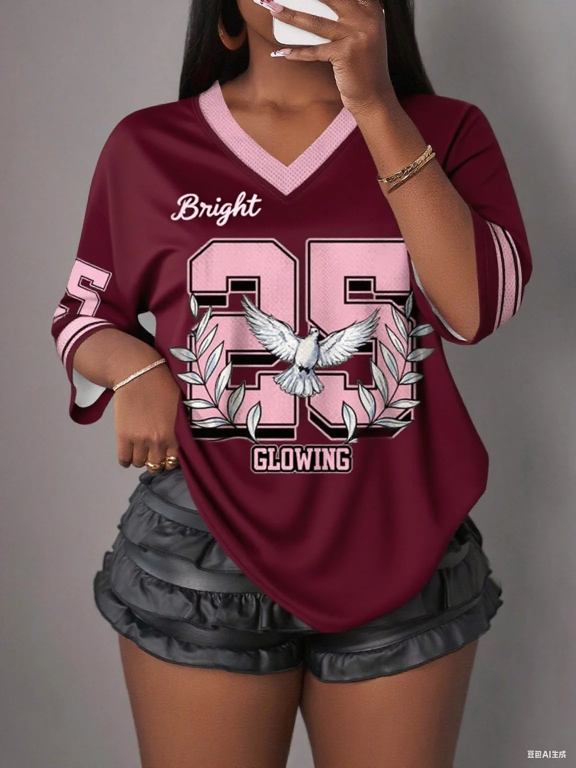 N° pour femme. 25 imprimé col en v à manches courtes trou maille T-Shirt été T-Shirt maillots de Baseball grande taille hommes Sport T-Shirt