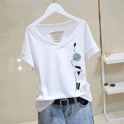Économie en coton à manches courtes pour femmes, impression de documents solides, t-shirts à col en V, pulls évidés décontractés à la mode, été, nouveau, 2023