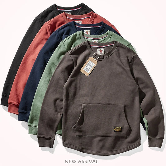 Sweat-shirt kangourou en velours pour homme, nouveau, rétro américain, lourd, poches, Simple, pur coton lavé, vêtement de sport décontracté, automne et hiver