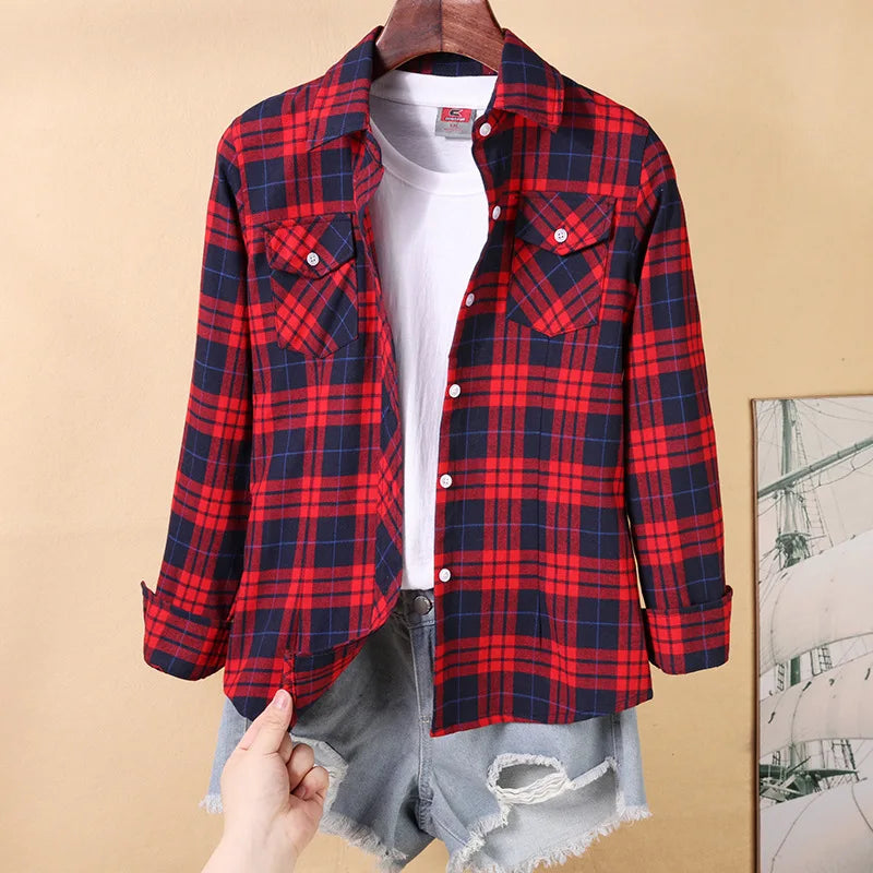 Nouvelles chemises à carreaux pour femmes M-5XL chemisier en coton pour femmes à manches longues chemise à carreaux Slim col rabattu chemisiers pour femmes chemises