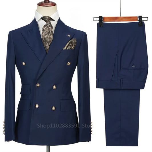 Manteau d'affaires à double boutonnage pour hommes, blazers de mariage minces pour hommes, veste et pantalon monochromes, manteau imbibé de documents, nouvelle mode, fjl, 2 pièces