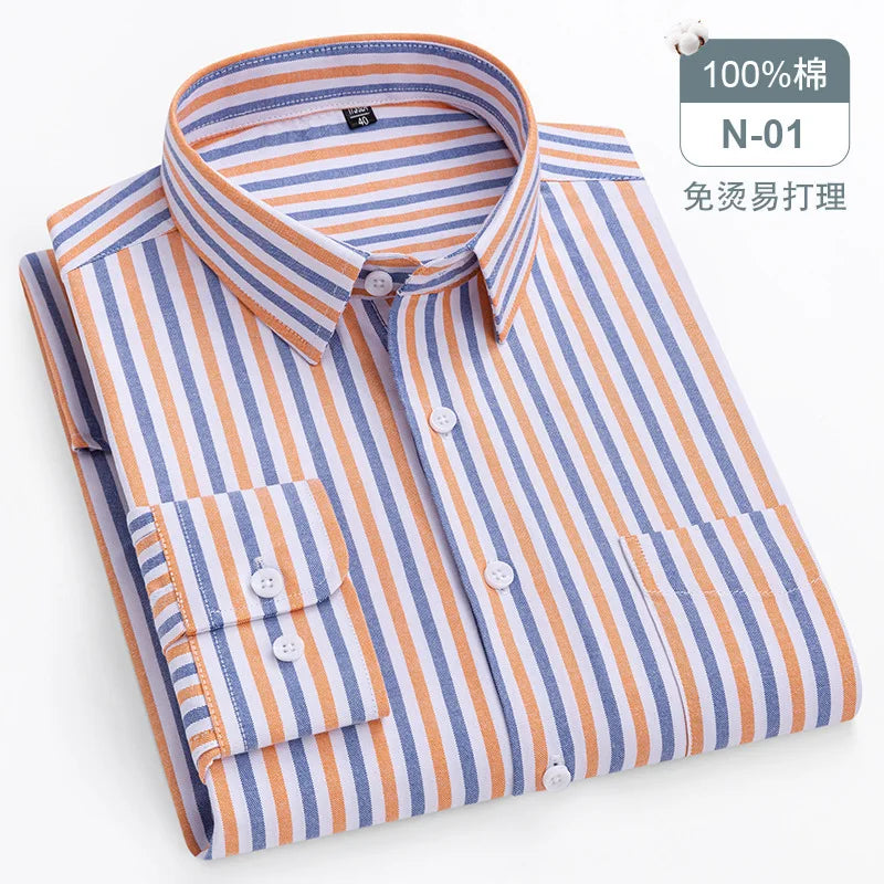 Chemise Oxford rayée à carreaux pour hommes, chemise sociale à manches longues, chemises de travail décontractées, poche, pur coton, qualité, S- 7XL, 8XL, 100%