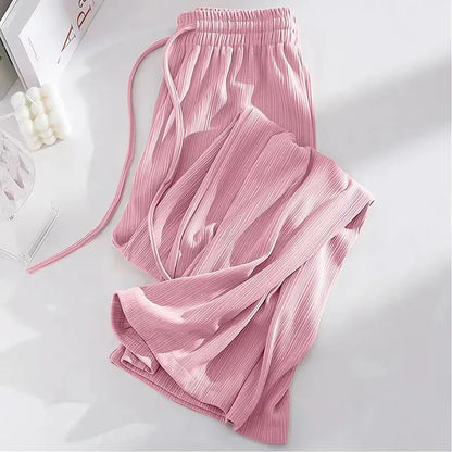 Pantalon droit en soie glacée pour femme, mode, taille haute, jambes larges, couleur unie, sensation d'affaissement, Baggy, décontracté, été
