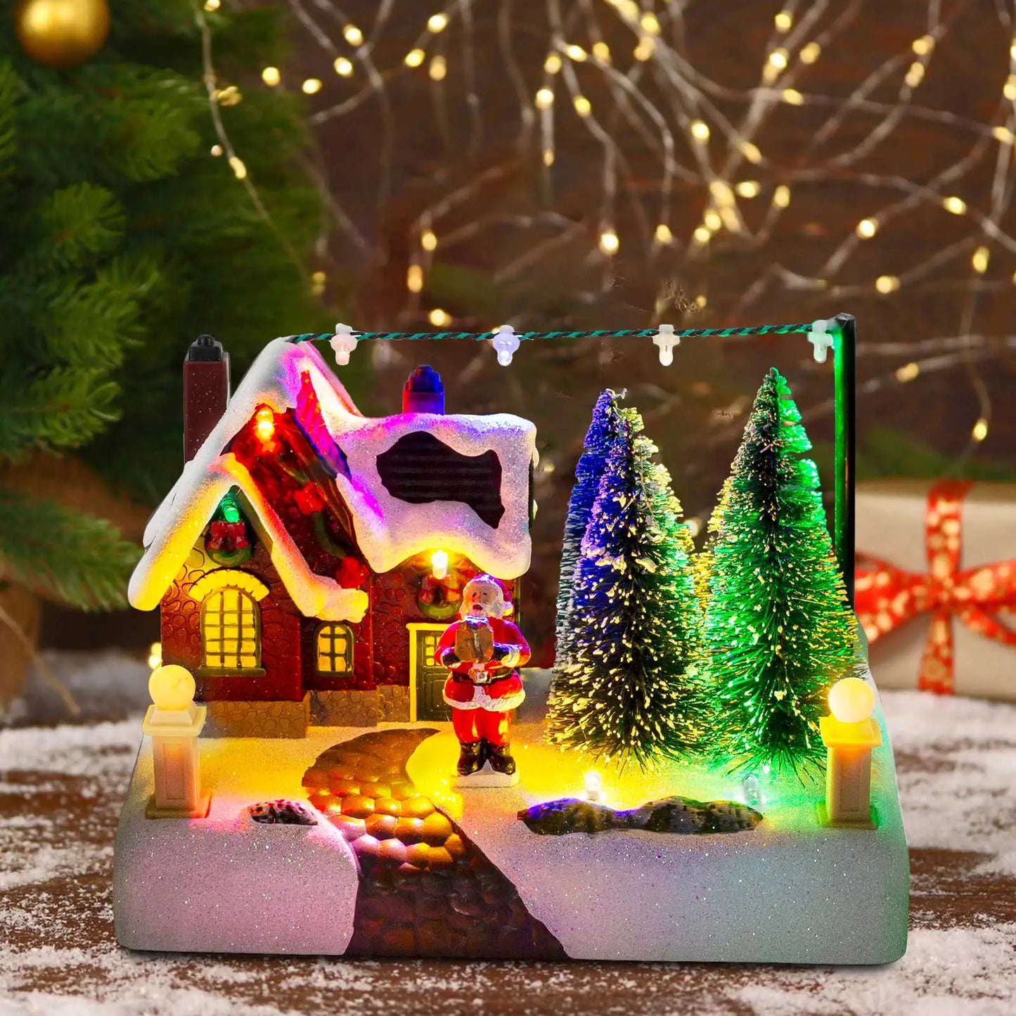 Scène de Village de noël, bâtiment à collectionner avec lumières, arbres, père noël, ville de neige, décor de paysage, vacances, maison, bureau, cheminée