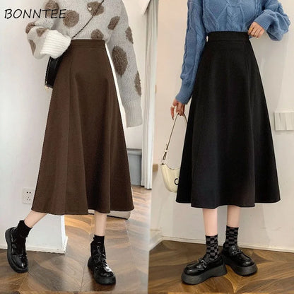 Jupes mi-longues taille haute pour femmes, All-Match A-Line, Élégant, Bureau, Lady Leisure, Automne, Hiver, Simple, Mode basique, Nouveau, Ins Faldas