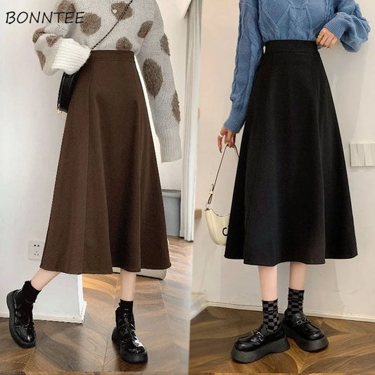 Jupes mi-longues taille haute pour femmes, All-Match A-Line, Élégant, Bureau, Lady Leisure, Automne, Hiver, Simple, Mode basique, Nouveau, Ins Faldas